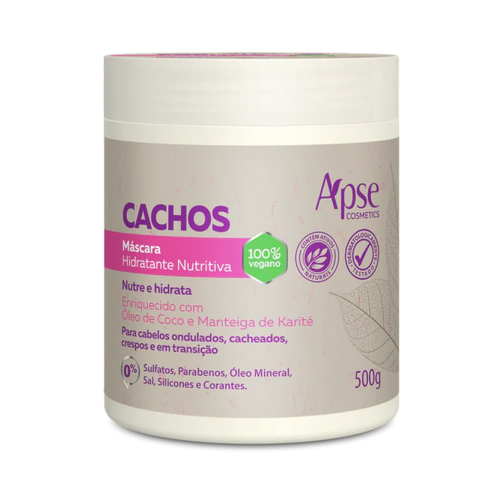 Máscara Capilar Apice Cachos Hidratante Nutritiva 500g em pote branco com rótulo bege, roxo e verde